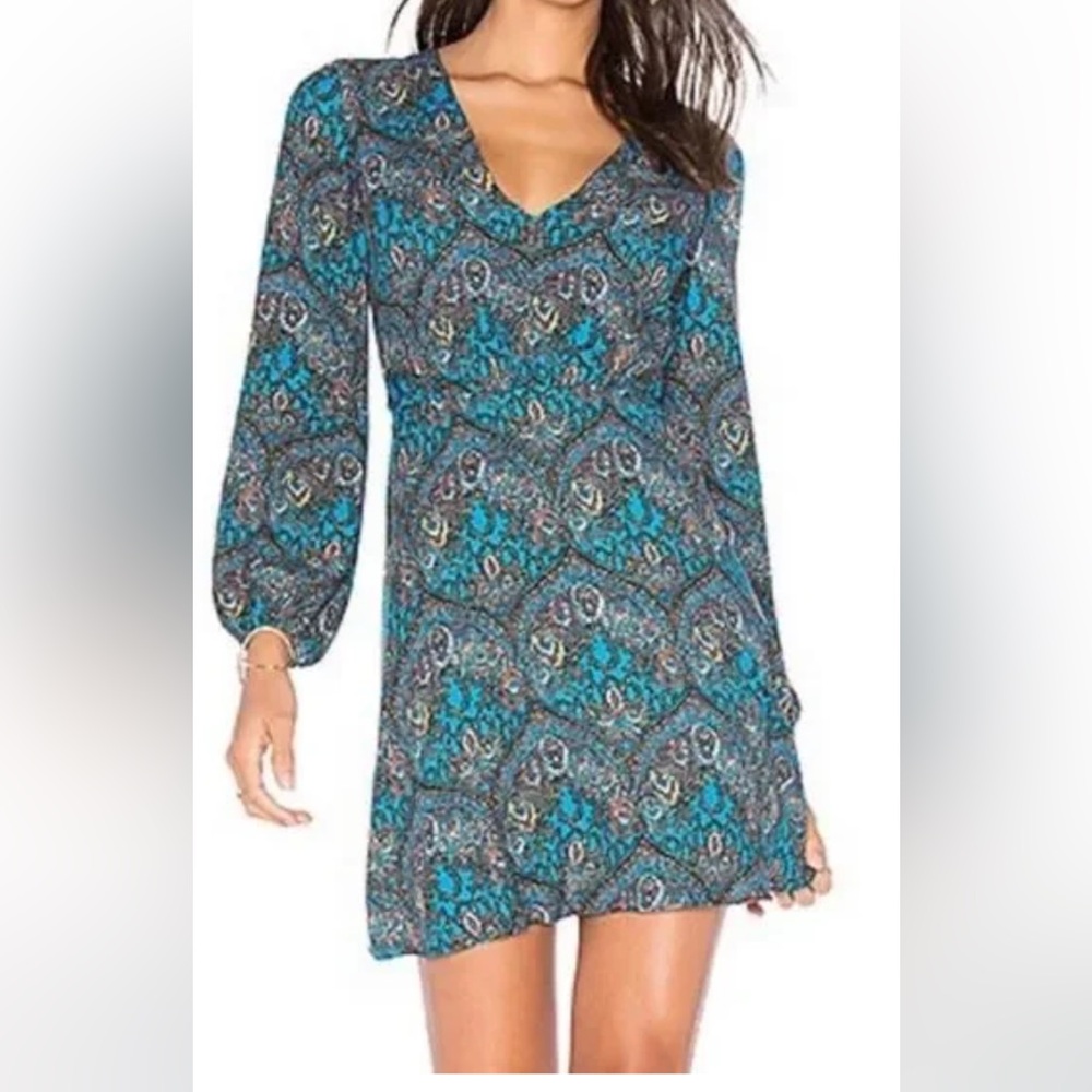 Alice + Olivia Teal Paisley Long-Sleeve Mini Dress